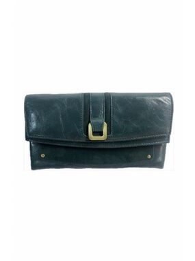 Jimmy Choo Utah Leather Wallet Clutch Dark Teal Green Suede Large Snap Closure